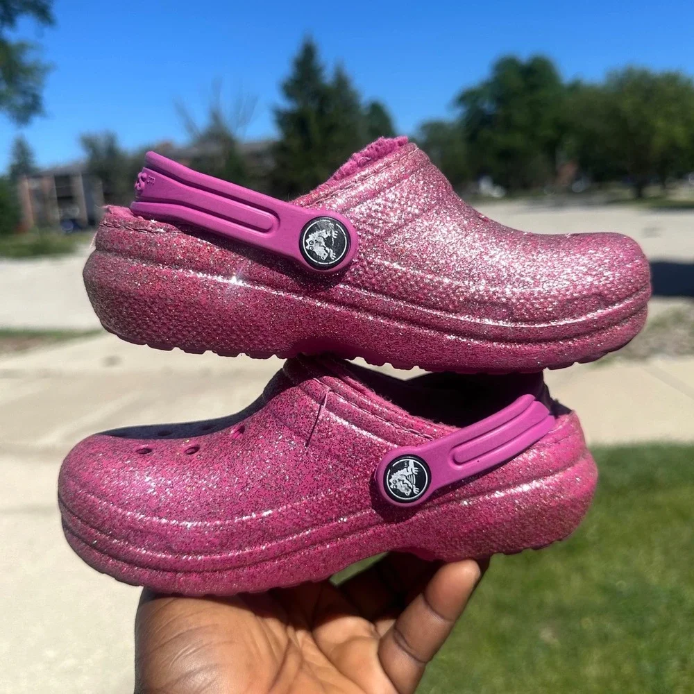 Crocs Kids Classic Lined Glitter Clogs Size 11 Pink Sparkle Sandals
